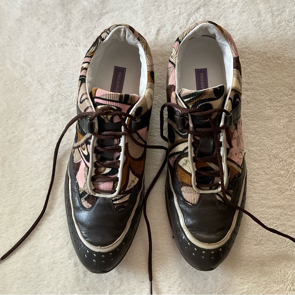 Emilio Pucci printed cord and brown leather laced sneakers 40 10 signature print